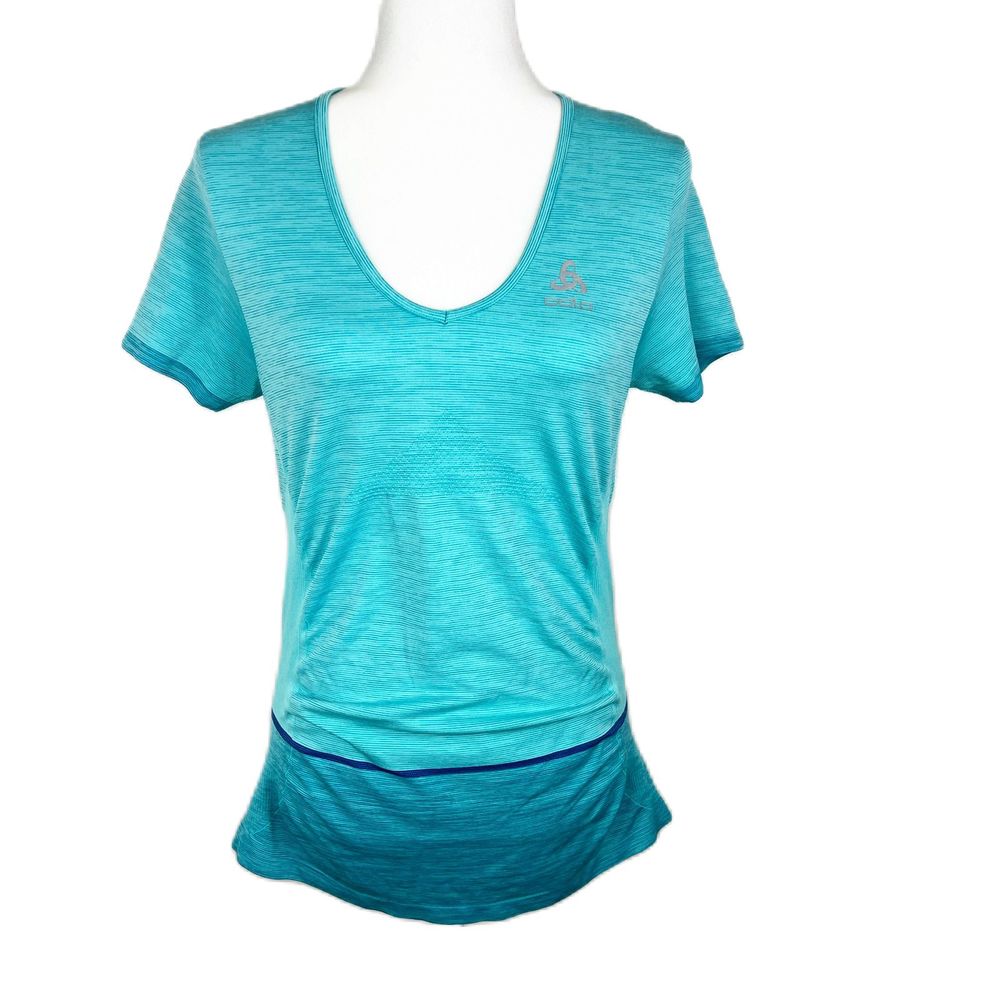 Odlo Shirt Women Medium Blue Green V-Neck Short Sleeve Stretch Running Active